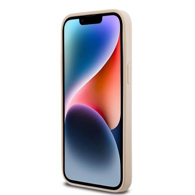 5. DKNY Lederhülle mit kariertem Monomuster und bedruckten Streifen für iPhone 14 Pro Max – Rosa