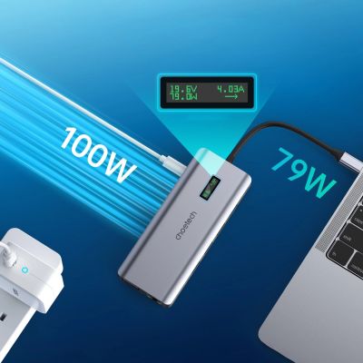 5. Choetech multifunktionaler HUB mit Display 12in1 USB-C auf USB-C / USB-A / HDMI / VGA / AUX / SD / TF grau (HUB-M26)