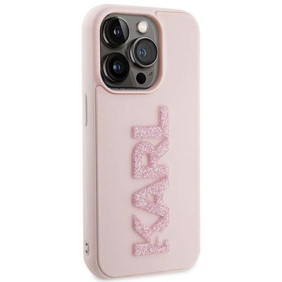 4. Karl Lagerfeld 3D Rubber Glitter Logo Hülle für iPhone 15 Pro – Rosa