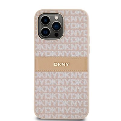 3. DKNY Leder-Monostreifen- und Metall-Logo-Hülle für iPhone 14 Pro – Rosa