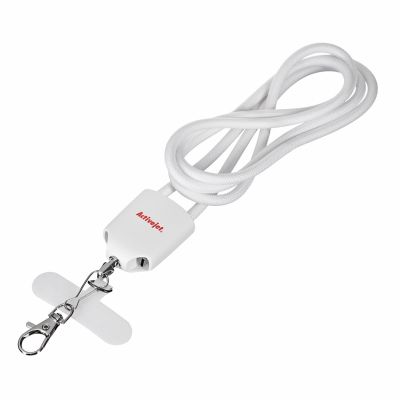 2. Activejet 3-in-1-Lanyard (weiß) mit Ladekabel. Erhältlich mit verschiedenen Anschlüssen: USB-C, Lightning-Adapter, USB-A.