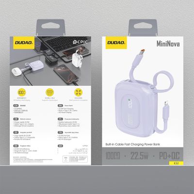 3. Dudao K32 22,5 W 10000 mAh Powerbank mit integriertem USB-C/ Lightning Kabel - Lila