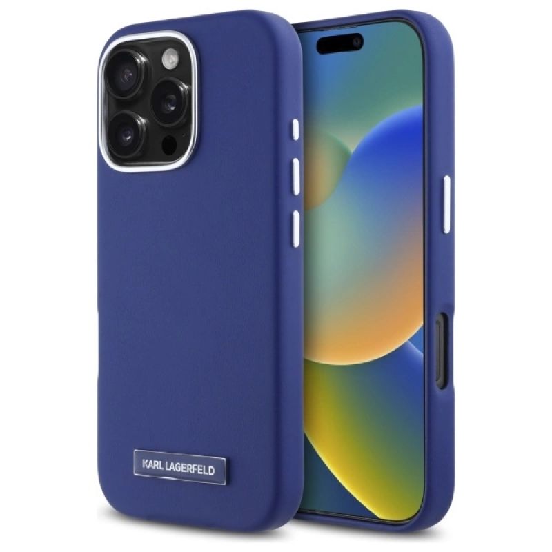 Karl Lagerfeld FW Metal Plate MagSafe Hülle für iPhone 16 Pro Max – Blau