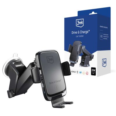3mk Drive & Charge Autotelefonhalterung für Kühlergrill/Fenster/Cockpit mit induktivem Ladegerät – Schwarz