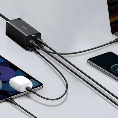 13. Baseus GaN3 Pro schnelles universelles GaN-Ladegerät 2 x USB Typ C / 2x USB 100W PD3.0, QC4.0+, AFC schwarz (CCGP000101)