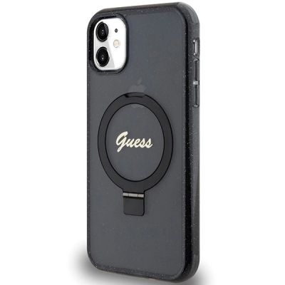 2. Guess Ring Stand Script Glitter MagSafe-Hülle für iPhone 11 / Xr – Schwarz