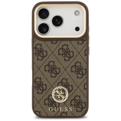3. Guess 4G Strass Logo & Big Strap Metal Buttons MagSafe Case für iPhone 17 Pro - Braun