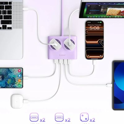 7. Orico PDC25 25W 6-in-1 Steckdosenleiste 2x Netzanschluss + 2x USB-A + 2x USB-C - Lila
