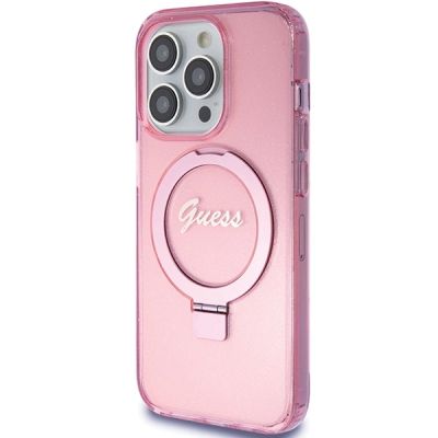 2. Guess Ring Stand Script Glitter MagSafe-Hülle für iPhone 15 Pro Max – Rosa