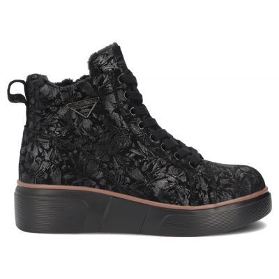 2. Schwarze Damen-Ankle-Boots aus Leder mit Keilabsatz und Blumenmuster, Filippo DBT6452