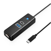 Orico PW3UR25-C3 3-Port-USB-Hub (1x USB-A 3.0, 1x USB-C 3.0, 1x RJ45 2,5G Ethernet, 0,5 m Kabel) – Schwarz