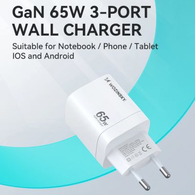 6. Wozinsky CGWCW 65W GaN Wandladegerät USB-A / 2 x USB-C - Weiß