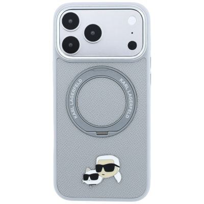3. Karl Lagerfeld mit Ringständer 360 Karl & Choupette Köpfe Pin MagSafe Hülle für iPhone 18 Pro / 17 Pro - Grau