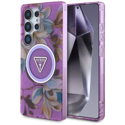 Guess Glitzerblumen-Dreieckknöpfe MagSafe-Hülle für Samsung Galaxy S25 Ultra – Lila
