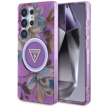 Guess Glitzerblumen-Dreieckknöpfe MagSafe-Hülle für Samsung Galaxy S25 Ultra – Lila