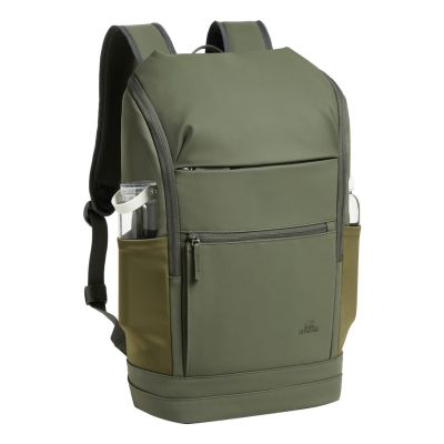 8. Rivacase Eden Rucksack Reiserucksack Olivgrünes gewachstes Leder (Pull-Up), Polyester, recyceltes Polyethylenterephthalat (rPET)