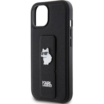 6. Karl Lagerfeld Gripstand Saffiano Choupette Pins Hülle für iPhone 15 Plus / 14 Plus – Schwarz