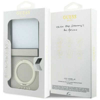 7. Guess Magnetische Ringständer-Hülle mit genarbtem Classic Logo und MagSafe-Design für Samsung Galaxy Z Flip 8 – Beige