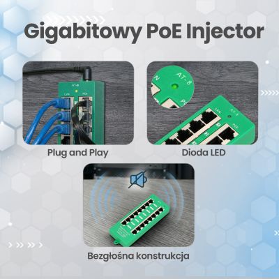 16. Extralink Gigabit PoE Injector 8 Port Active, 8 Gigabit 802.3at/af Ports, Modus A