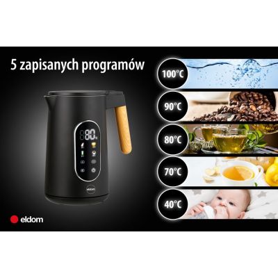 11. ELDOM KABELLOSER WASSERKOCHER MIT TEMPERATURREGELUNG C550 SCHWARZ 5 GESPEICHERTE PROGRAMME: 40, 70, 80, 90, 100°C (KUNSTSTOFF + EDELSTAHL)