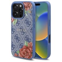 Guess 4G Flowers Print MagSafe Hülle für iPhone 16 Pro - blau