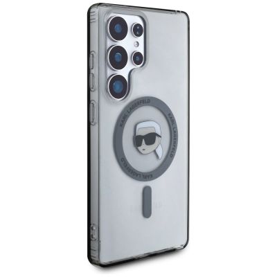 4. Karl Lagerfeld Button Karl Head gedrucktes Logo MagSafe Samsung Galaxy S25 Ultra Hülle schwarz