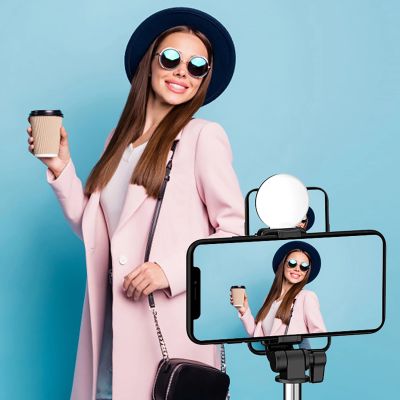 13. Selfie-Stick WR1YXS Teleskopstativ 0,71 m mit runder Lampe – Schwarz