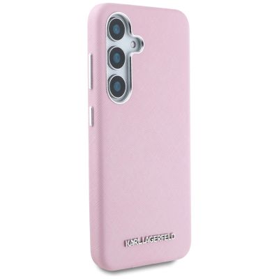 4. Karl Lagerfeld Saffiano Vollumwickelte MagSafe Hülle mit länglichem Metalllogo für Samsung Galaxy S25 - Rosa
