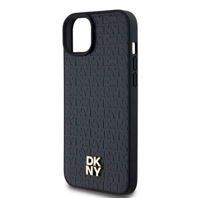 6. DKNY MagSafe-Hülle aus Leder mit Monogrammmuster und Metalllogo für iPhone 15 Plus / 14 Plus – Schwarz