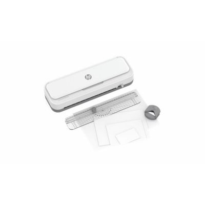 12. HP ONELAM Laminiergerät 400 A4, kalt/heiß, integrierter Trimmer, Eckenrunder, Geschwindigkeit 40 cm/min + 15 Laminierfolien: 3x A4, 4x A5, 4x A6, 4x B-Card, weiß