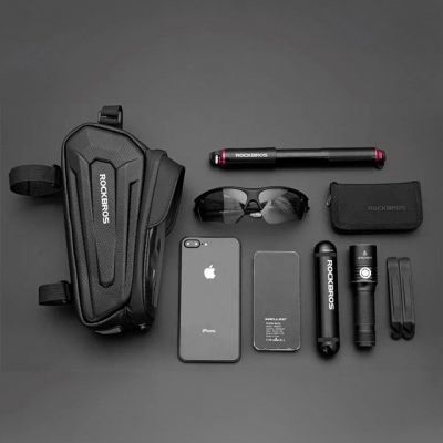 5. Rockbros B68 Fahrradtasche für Rahmen, gepanzert, mit Handytasche und Abdeckung, 1,7 l, Schwarz