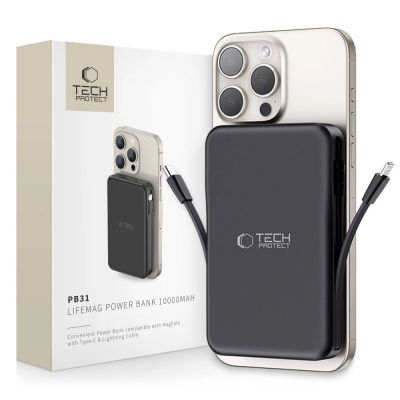 Tech-Protect LifeMag PB31 Powerbank mit MagSafe 10000 mAh 15 W USB-C/USB-A/integriertes USB-C/ Lightning Kabel – Schwarz