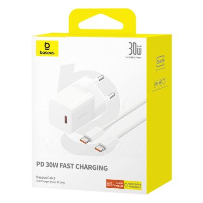 8. Baseus GaN5 USB-C 30W Wandladegerät mit Baseus Dynamic 3 USB-C 100W 1m Kabel – Weiß