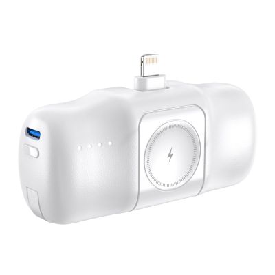 4. Wozinsky WF16-YLS 5000 mAh 15 W Lightning Mini-Powerbank mit integriertem USB-C-Kabel und Apple Watch Ladegerät – Weiß