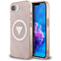 Guess IML Metal Glitter 4G Circle Triangle MagSafe Hülle für iPhone 16e - Pink