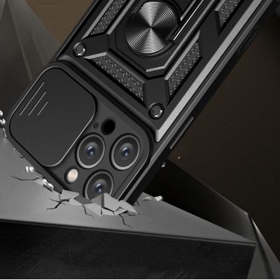 2. Hybrid Armor Camshield iPhone 16 Pro gepanzerte Hülle mit Kameraabdeckung und Ständer – Schwarz