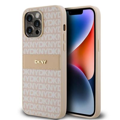 DKNY Leder-Monostreifen- und Metall-Logo-Hülle für iPhone 14 Pro – Rosa