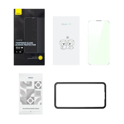 8. Baseus Vollbild-Hartglas für iPhone 14 Pro Max mit Anti-Blaulichtfilter und 0,3-mm-Lautsprecherabdeckung + Montagerahmen