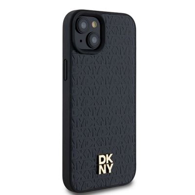 4. DKNY MagSafe-Hülle aus Leder mit Monogrammmuster und Metalllogo für iPhone 15 Plus / 14 Plus – Schwarz
