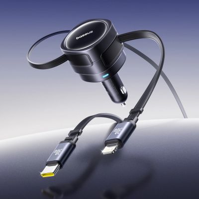 6. Baseus Enjoyment Max 60W Autoladegerät mit einziehbaren USB-C- und Lightning Kabeln – Schwarz