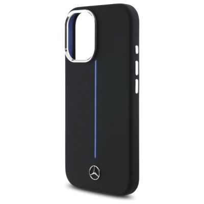 6. Mercedes Silikonhülle mit blauem Streifen und MagSafe-Funktion für iPhone 16 – Schwarz