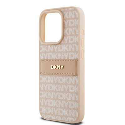 6. DKNY Lederhülle mit Monostreifen und Metalllogo für iPhone 15 Pro – Rosa
