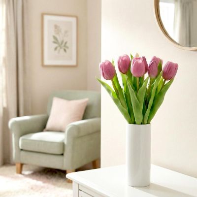 28. Strauß aus 7 hellvioletten Tulpen, 31 cm, naturgetreue Frühlingsdekoration