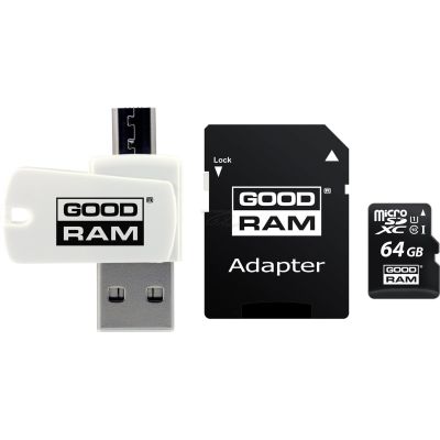 GoodRam All-in-One M1A4-0640R12 Speicherkarte mit Adapter und Kartenleser (64 GB; Klasse 10; Adapter, MicroSDHC-Kartenleser, Speicherkarte)