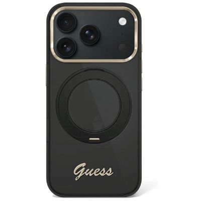 Guess IML Ring Stand 360 Script Metal Logo MagSafe Hülle für iPhone 17 Pro Max / 18 Pro Max - Schwarz