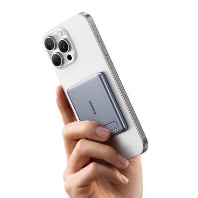 3. Baseus PicoGo AM31 Qi2 5000mAh 20W Ultradünne MagSafe-kompatible Powerbank mit Ständer und Baseus Simple USB-C 20cm geflochtenem Kabel – Grau