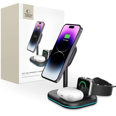 Tech-Protect QI15W-A27 3in1 induktives Ladegerät mit Ständer mit MagSafe für Smartphone / Apple Watch / AirPods – Schwarz