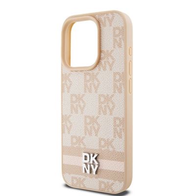 6. DKNY Lederhülle mit kariertem Monomuster und bedruckten Streifen für iPhone 15 Pro Max – Rosa