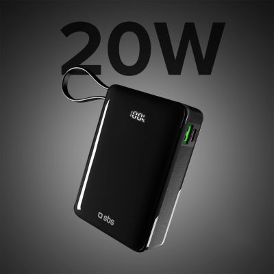 4. Powerbank SBS 20000 mAh 20W mit integriertem USB-C-Kabel und Digitalanzeige - schwarz