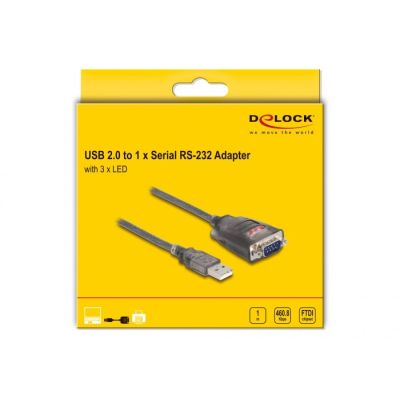 2. DeLOCK Adapter USB 2.0 Typ-A auf 1 x RS-232 D-Sub 9-poliger serieller Stecker mit Schrauben, 3 x LED, 1 m
